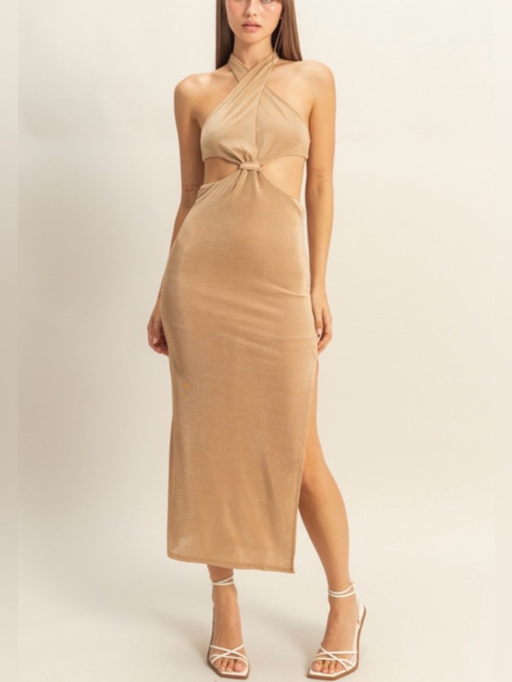 NWT Twist-Knot Cutout Maxi Dress in Camel - Medium